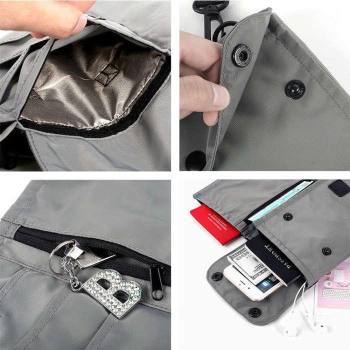 Antimagnetic RFID Hanging Neck Nylon Passport Bag Waterproof Storage Change Mobile Phone Bag, Bla...