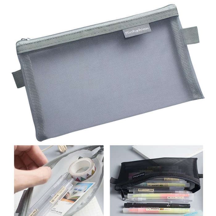 Nylon Simple Transparent Mesh Pencil Case Office School Supplies, Big Black, Big White, Big Grey,...
