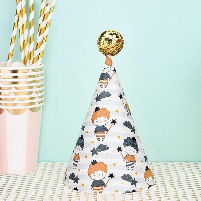 20 PCS Cute Children Bronzing Birthday Hats Cake Baking Decoration Party Hats, Cats, Unicorn, Wav...