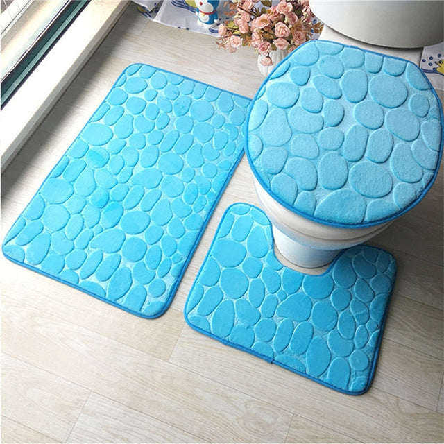 1 Set Three-Piece Set Flannel Anti-Slip Kitchen Bath Toilet Rug Mat Washable Carpet, White Printi...