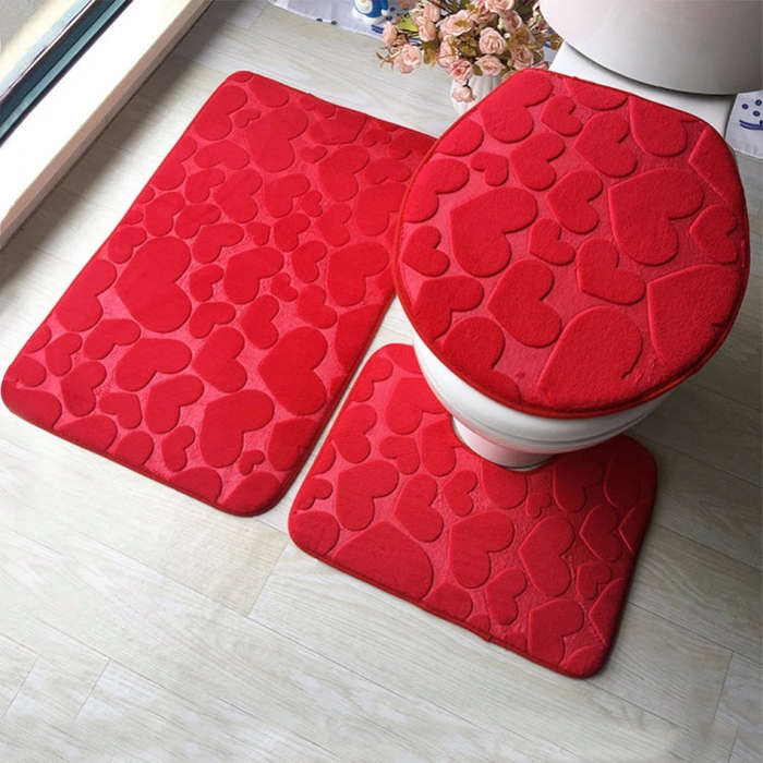1 Set Three-Piece Set Flannel Anti-Slip Kitchen Bath Toilet Rug Mat Washable Carpet, White Printi...
