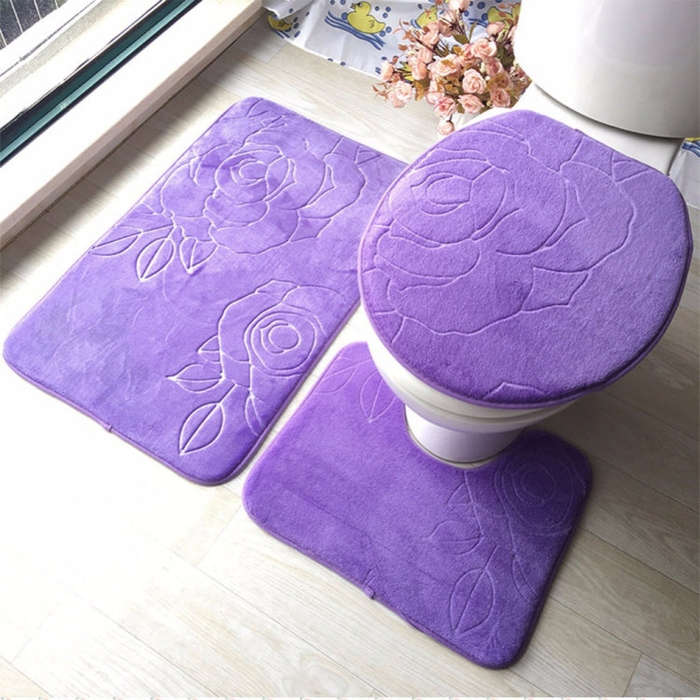 1 Set Three-Piece Set Flannel Anti-Slip Kitchen Bath Toilet Rug Mat Washable Carpet, White Printi...