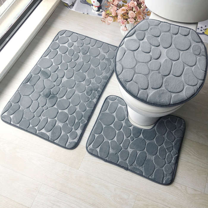 1 Set Three-Piece Set Flannel Anti-Slip Kitchen Bath Toilet Rug Mat Washable Carpet, White Printi...