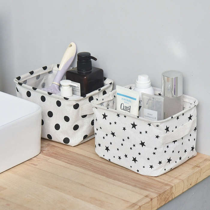 2 PCS Canvas Desktop Storage Basket Sundries Storage Box with Handle, Cross, Star, Tree, Black spot
