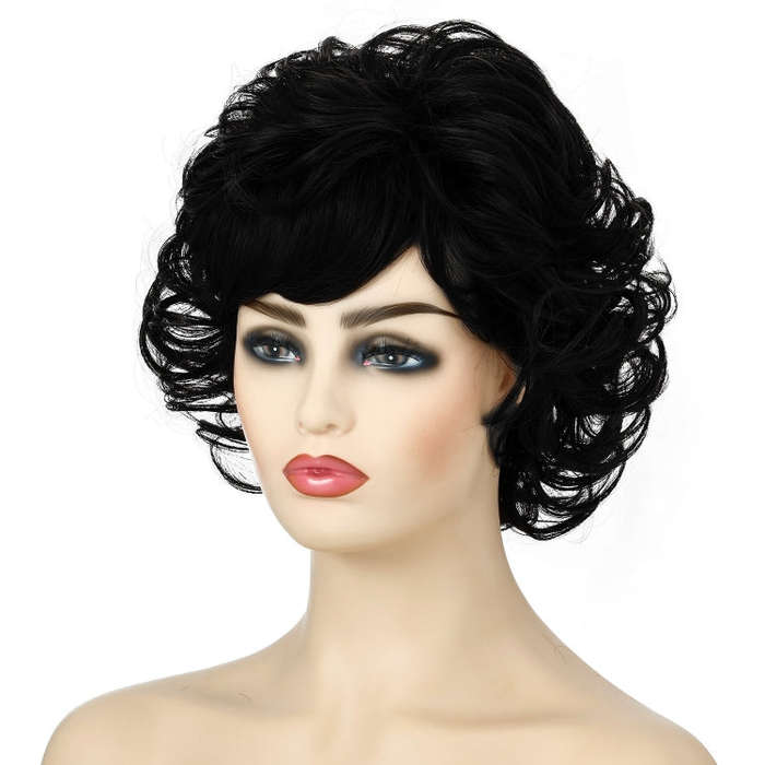 Ladies Fluffy Short Curved Head Set Chemical Fiber Wig, Black, Brown, Silver Gray