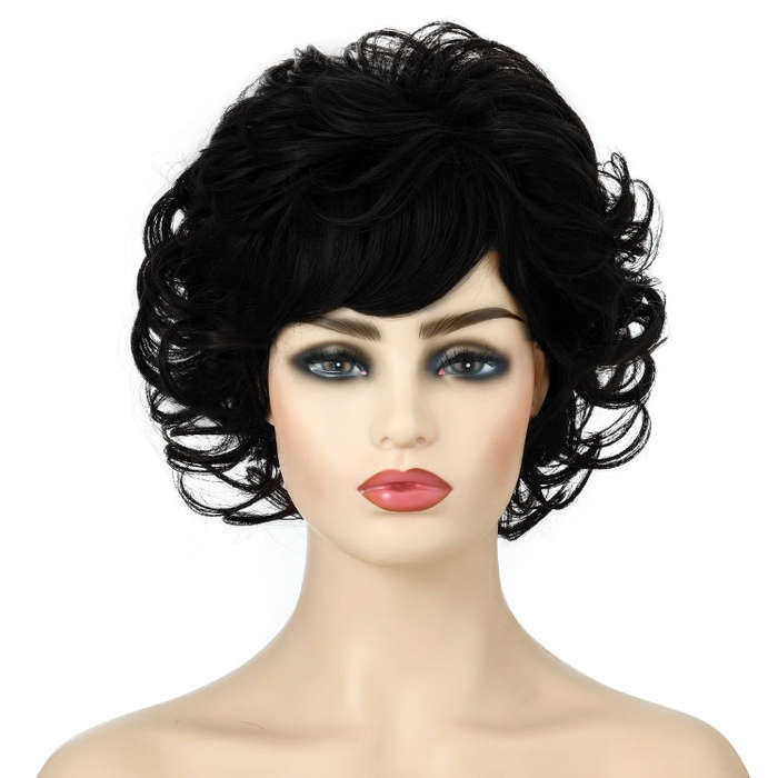 Ladies Fluffy Short Curved Head Set Chemical Fiber Wig, Black, Brown, Silver Gray
