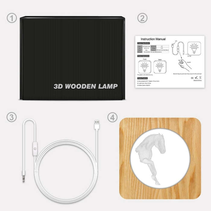 FS-A3762W 3D Horse Wooden Table Lamp Bedroom Night Light, Horse