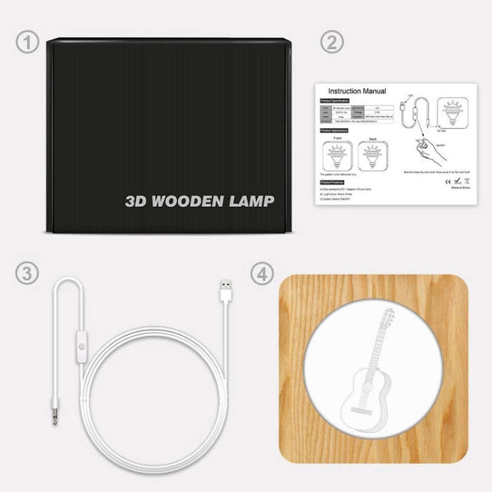 FS-A3272W Guitar Musical Instrument Solid Wood Frame Night Light, Guitar