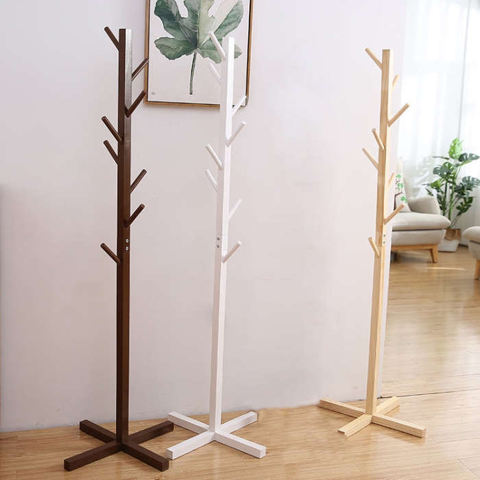 Solid Wood Floor Coat Rack Living Room Bedroom Clothes Organizing Storage Rack, White, Wood Color...