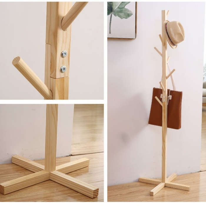 Solid Wood Floor Coat Rack Living Room Bedroom Clothes Organizing Storage Rack, White, Wood Color...