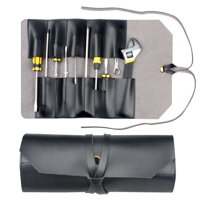 CL97 Multi-Function Toolkit Bundled Leather Tool Bag Double Thickened Two-Purpose Wrench Bag, Bla...