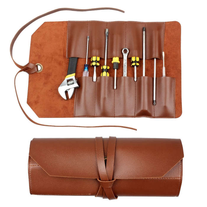 CL97 Multi-Function Toolkit Bundled Leather Tool Bag Double Thickened Two-Purpose Wrench Bag, Bla...