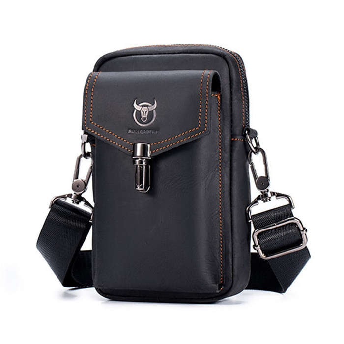 BULL CAPTAIN 076 Retro Leather Mobile Phone Waist Bag Men Leather Messenger Bag, Black, Brown