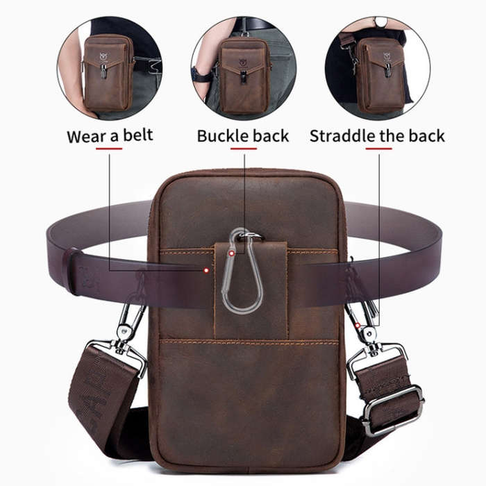BULL CAPTAIN 076 Retro Leather Mobile Phone Waist Bag Men Leather Messenger Bag, Black, Brown