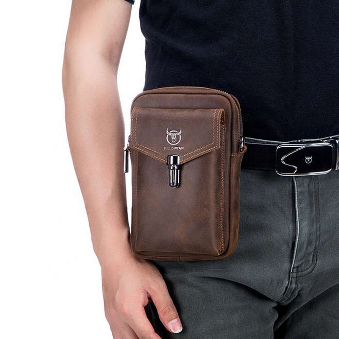 BULL CAPTAIN 076 Retro Leather Mobile Phone Waist Bag Men Leather Messenger Bag, Black, Brown