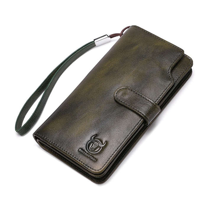 BULL CAPTAIN 028 Long Buckle Retro Cowhide Multi-Function Wallet (Black), Orange, Green, Blue, Re...