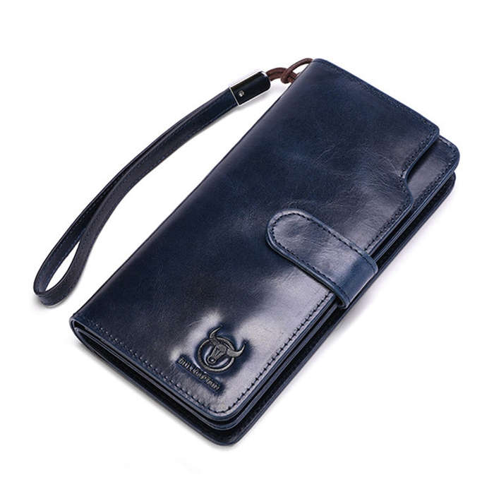 BULL CAPTAIN 028 Long Buckle Retro Cowhide Multi-Function Wallet (Black), Orange, Green, Blue, Re...