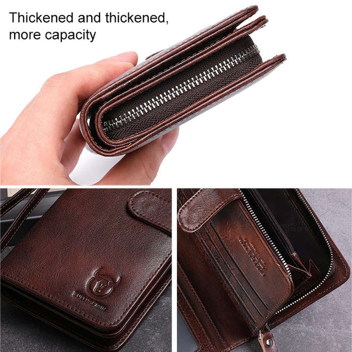 BULL CAPTAIN 028 Long Buckle Retro Cowhide Multi-Function Wallet (Black), Orange, Green, Blue, Re...