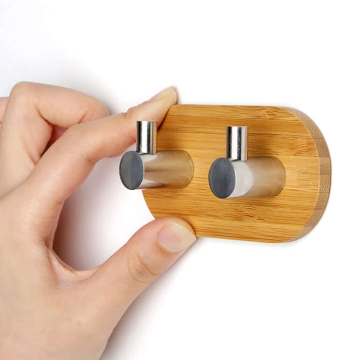 2 PCS Stainless Steel Bamboo Double Row Hook Kitchen Bathroom Door Adhesive Solid Wood Hook, Adhe...