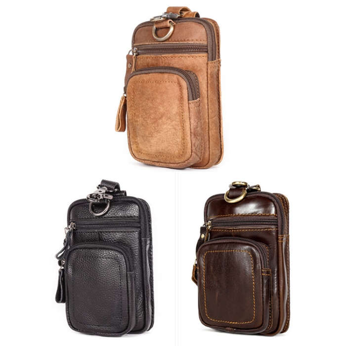 6386 Men Retro Cowhide Multifunctional Sports Belt Waist Bag, Black, Coffee, Brown