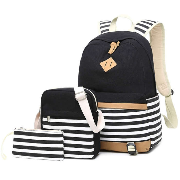 3 PCS/Set Canvas Leisure Backpack Large Capacity Printed School Bag, Green, Black, Navy Blue, Pin...
