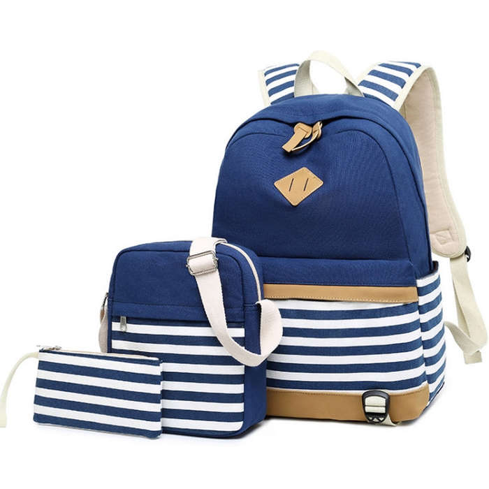 3 PCS/Set Canvas Leisure Backpack Large Capacity Printed School Bag, Green, Black, Navy Blue, Pin...