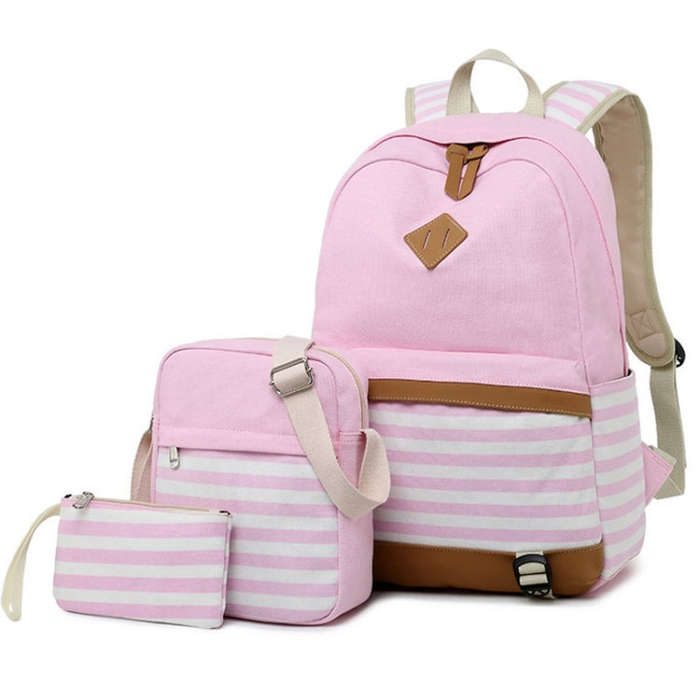 3 PCS/Set Canvas Leisure Backpack Large Capacity Printed School Bag, Green, Black, Navy Blue, Pin...