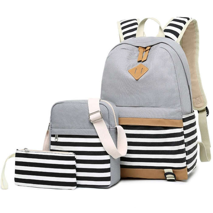 3 PCS/Set Canvas Leisure Backpack Large Capacity Printed School Bag, Green, Black, Navy Blue, Pin...
