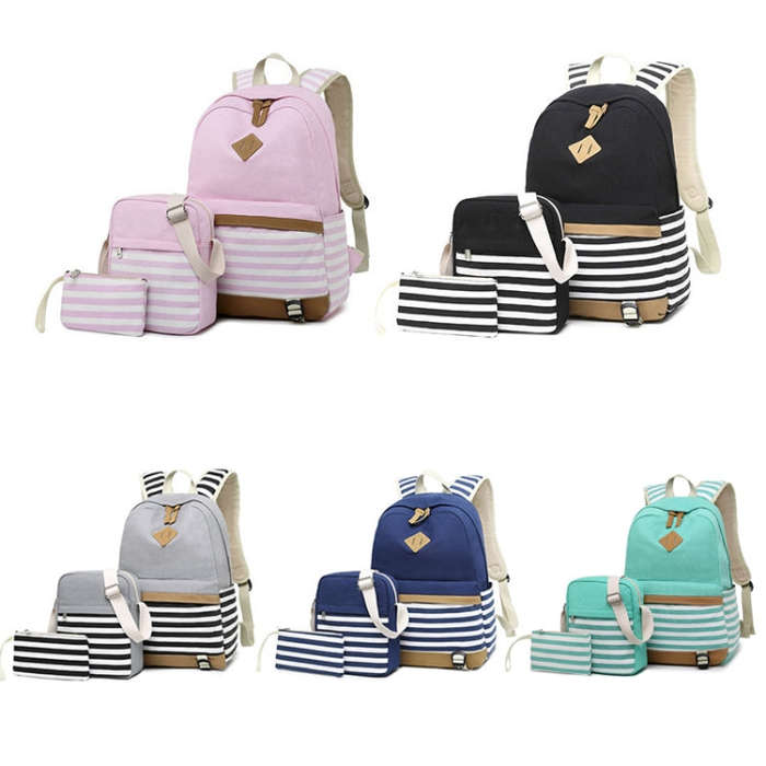 3 PCS/Set Canvas Leisure Backpack Large Capacity Printed School Bag, Green, Black, Navy Blue, Pin...