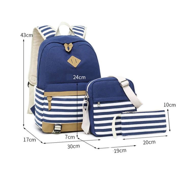 3 PCS/Set Canvas Leisure Backpack Large Capacity Printed School Bag, Green, Black, Navy Blue, Pin...
