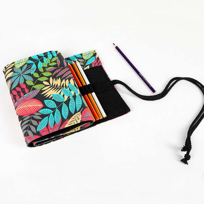 12 Holes Fallen Leaves Printed Canvula Pen Curtain Large Capacity Sketch Color Pencil Roll Pen Ba...