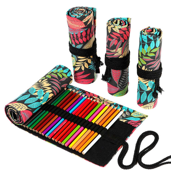 12 Holes Fallen Leaves Printed Canvula Pen Curtain Large Capacity Sketch Color Pencil Roll Pen Ba...