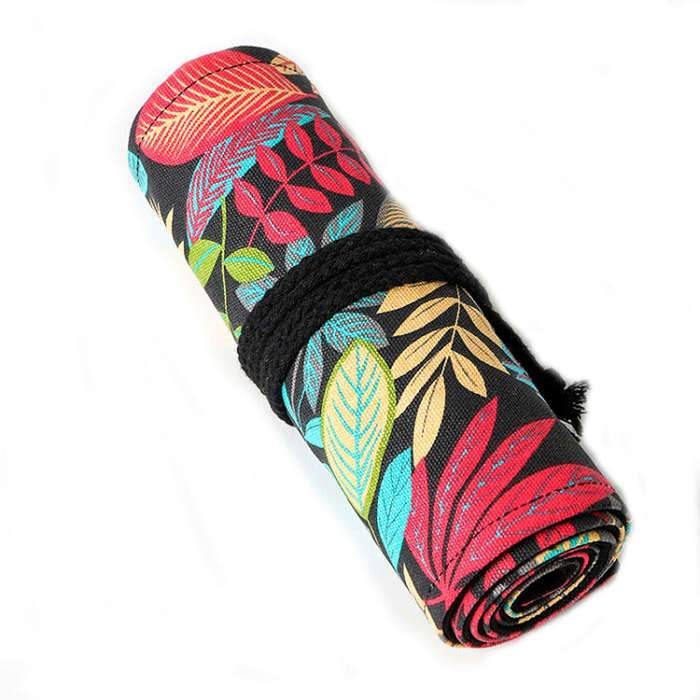 12 Holes Fallen Leaves Printed Canvula Pen Curtain Large Capacity Sketch Color Pencil Roll Pen Ba...