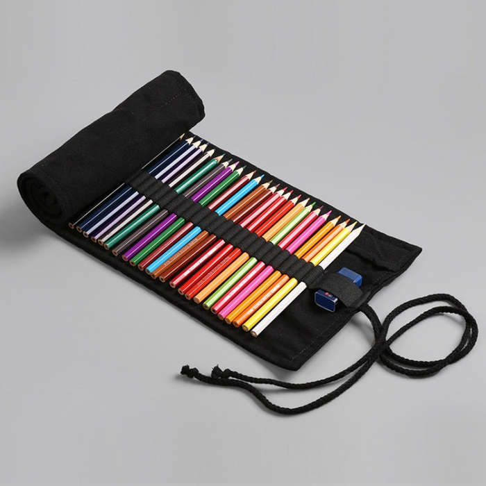 12 Holes Pure Black Handmade Canvas Roll Pen Bag Large Capacity Boy And Girl Sketch Color Pencil ...