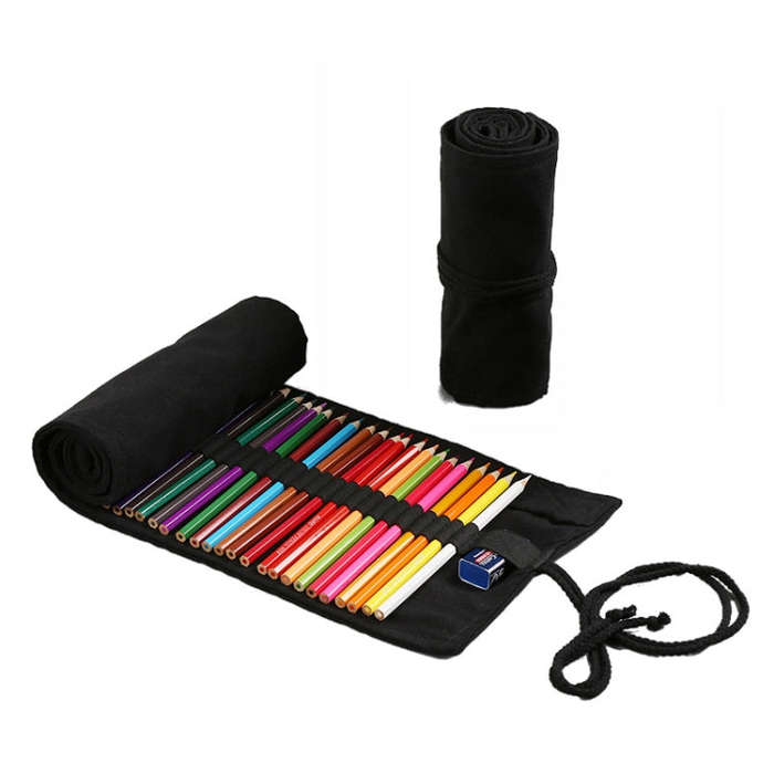 12 Holes Pure Black Handmade Canvas Roll Pen Bag Large Capacity Boy And Girl Sketch Color Pencil ...