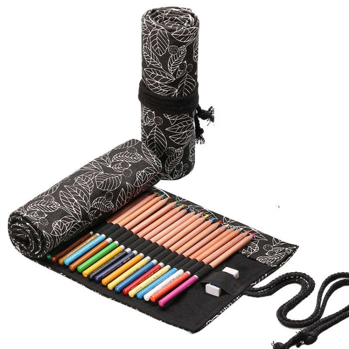 12 Holes Black Leaf Canvas Printing Pen Curtain Large Capacity Roll Pen Bag Sketch Color Lead Pen...