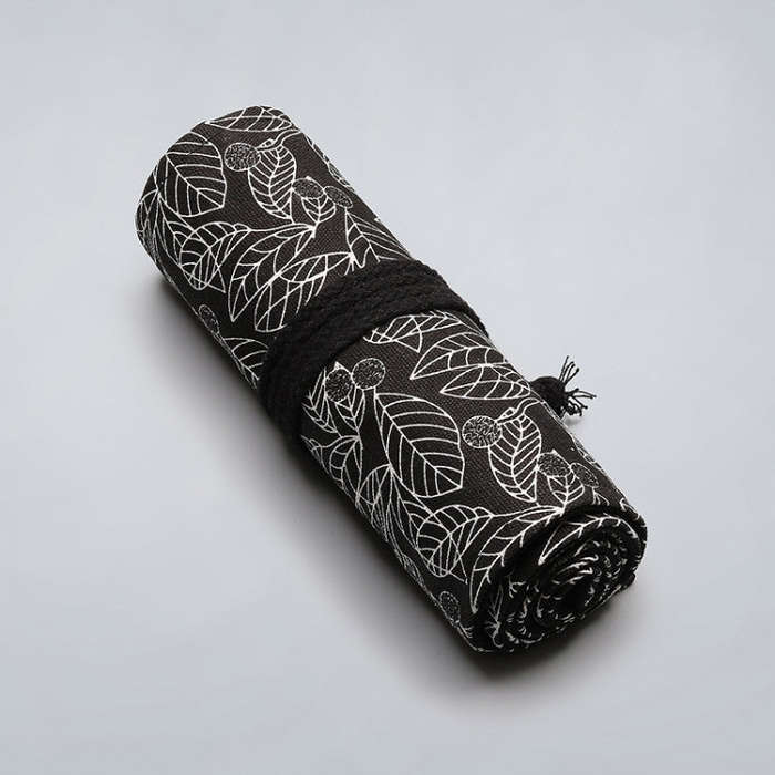12 Holes Black Leaf Canvas Printing Pen Curtain Large Capacity Roll Pen Bag Sketch Color Lead Pen...