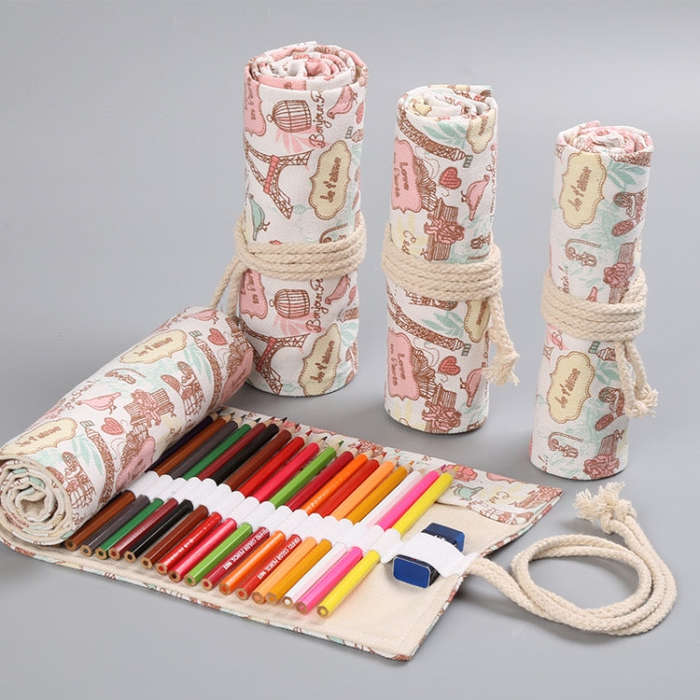 Tower Canvas Handmade Pen Curtain Roll Pen Bag  Sketch Color Pencil Bag, 12 Holes, 24 Holes, 36  ...
