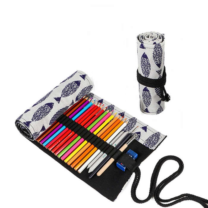 12 Holes Saury Hand Canvas Pen Curtain Color Lead Roller Pen Bag Storage Stationery Box, 12 Holes...
