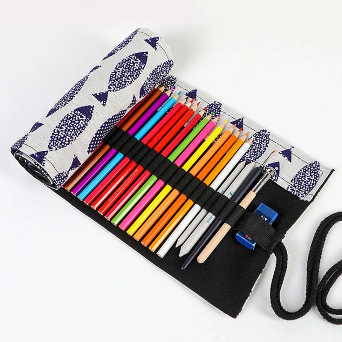 12 Holes Saury Hand Canvas Pen Curtain Color Lead Roller Pen Bag Storage Stationery Box, 12 Holes...