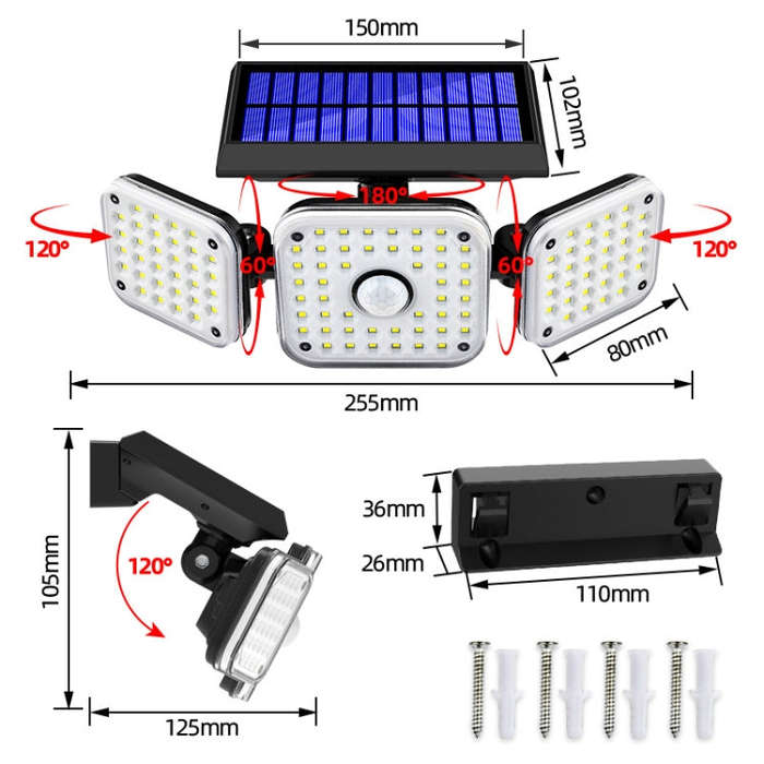 Solar 3-Head Rotatable Wall Lights Human Sense Outdoor Waterproof Garden Street Light, 112 LED, 1...