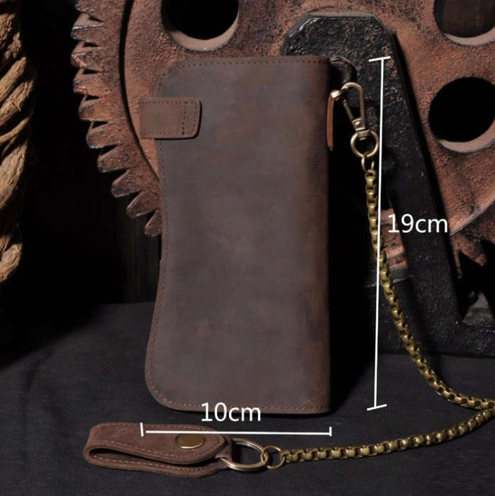 B161 RFID Retro Anti-Degaussing Iron Chain Leather Wallet, Dark Brown, Yellow Brown Embossed Drag...