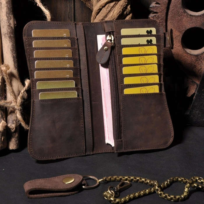 B161 RFID Retro Anti-Degaussing Iron Chain Leather Wallet, Dark Brown, Yellow Brown Embossed Drag...