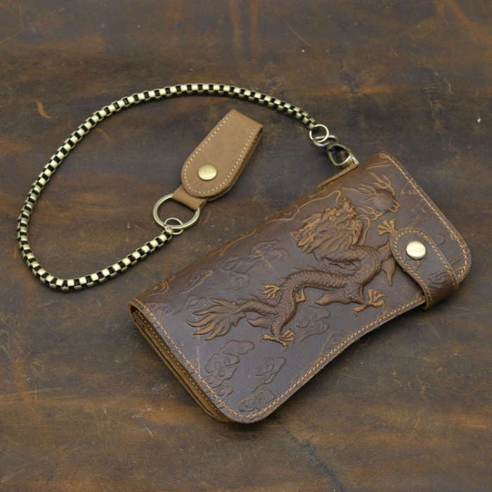 B161 RFID Retro Anti-Degaussing Iron Chain Leather Wallet, Dark Brown, Yellow Brown Embossed Drag...