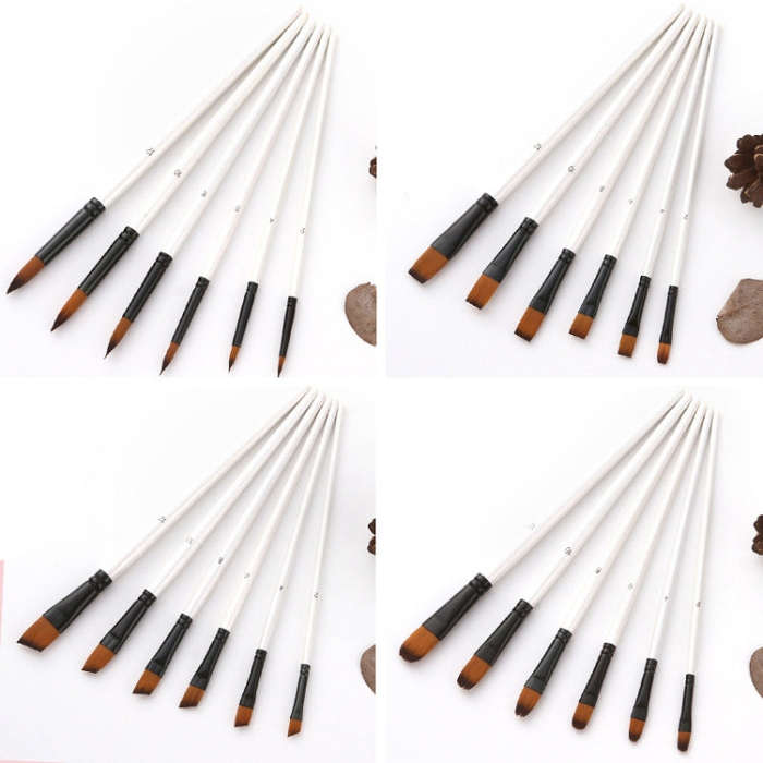 Zhuting Nylon Wool Stick Gouache Brush Set, 6 PCS/Set Pointed, 6 PCS/Set Flat Head, 6PCS/Set Tong...