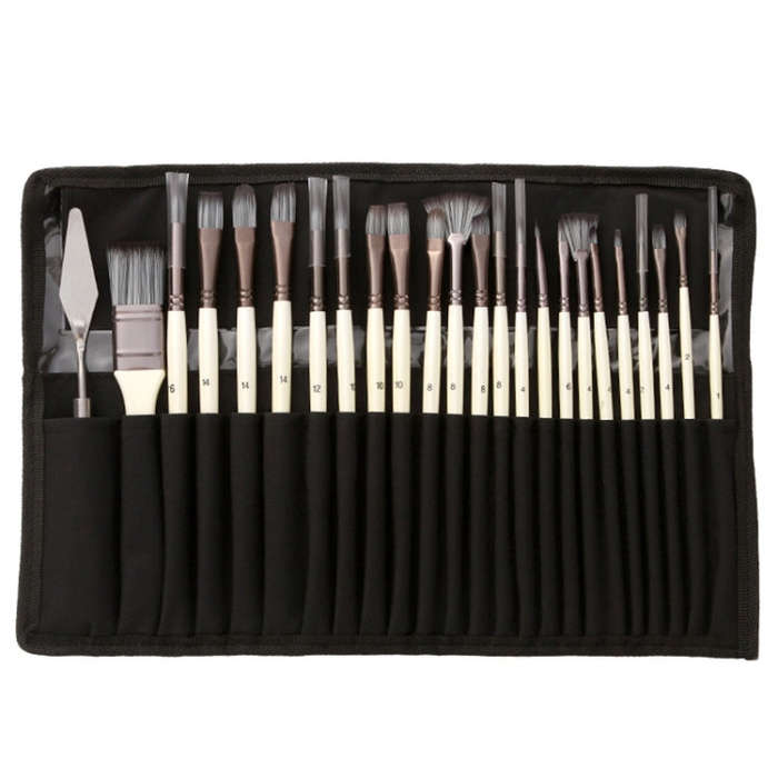 24 PCS/Set Canvas Bag Nylon Wool Gouache Brush Set, Pearl White Pole Black Bag, Silver Gray Pole ...