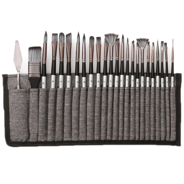 24 PCS/Set Canvas Bag Nylon Wool Gouache Brush Set, Pearl White Pole Black Bag, Silver Gray Pole ...