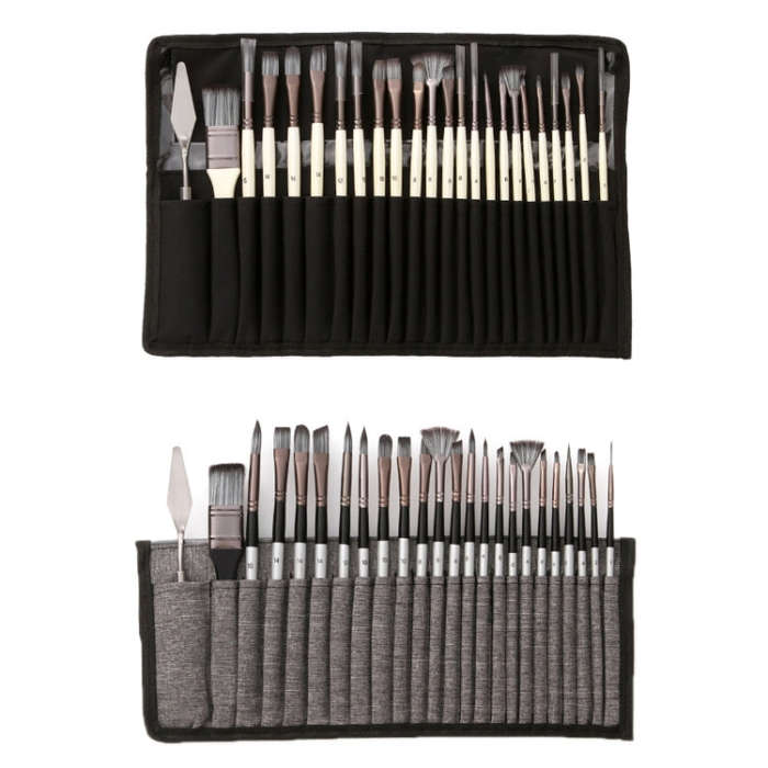 24 PCS/Set Canvas Bag Nylon Wool Gouache Brush Set, Pearl White Pole Black Bag, Silver Gray Pole ...