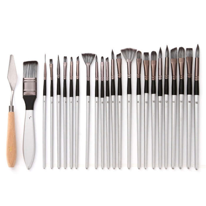 24 PCS/Set Canvas Bag Nylon Wool Gouache Brush Set, Pearl White Pole Black Bag, Silver Gray Pole ...
