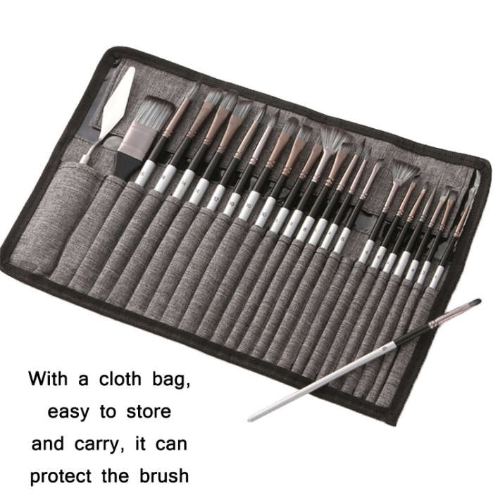 24 PCS/Set Canvas Bag Nylon Wool Gouache Brush Set, Pearl White Pole Black Bag, Silver Gray Pole ...